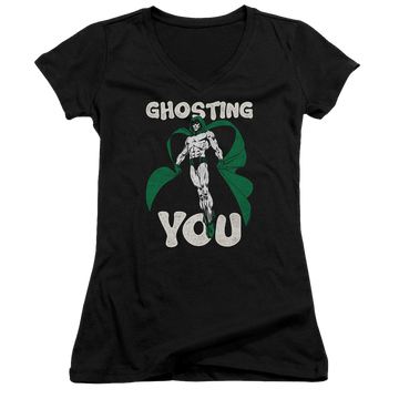 Black juniors v-neck t-shirt with DC Comics Justice League Ghosting graphic