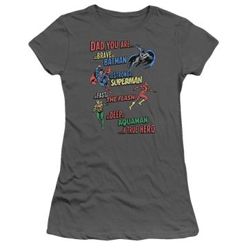 Charcoal juniors t-shirt with Justice League Dad Hero graphic