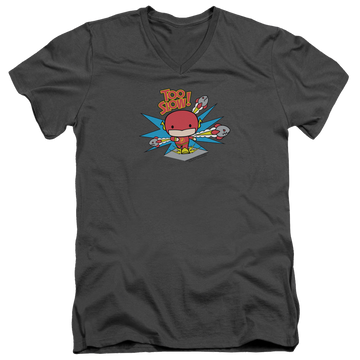 Charcoal men's v-neck t-shirt with The Flash Too Slow graphic