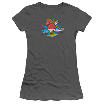Charcoal juniors t-shirt with The Flash Too Slow graphic