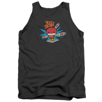 Charcoal men's tank with The Flash Too Slow graphic