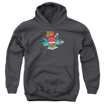 Charcoal youth hoodie for ages 8 to 12 with The Flash Too Slow graphic