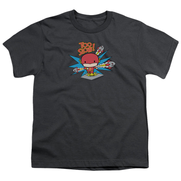 Charcoal youth t-shirt for ages 8 to 12 with The Flash Too Slow graphic