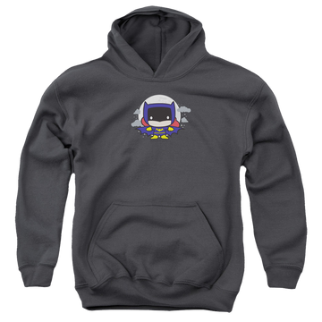 Charcoal youth hoodie for ages 8 to 12 with Batman Batgirl Chibi graphic
