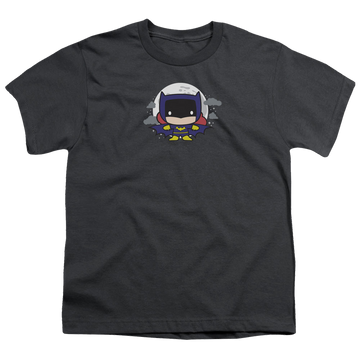 Charcoal youth t-shirt for ages 8 to 12 with Batman Batgirl Chibi graphic