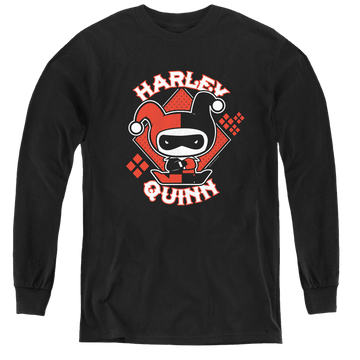 Black youth long sleeve t-shirt with Harley Quinn Harley Chibi graphic