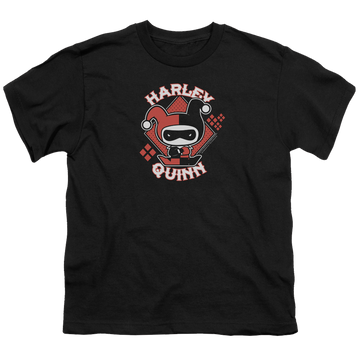 Black youth t-shirt for ages 8 to 12 with Harley Quinn Harley Chibi graphic