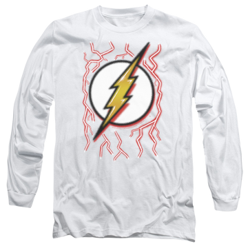 White men's long sleeve t-shirt with The Flash Airbrush Bolt graphic