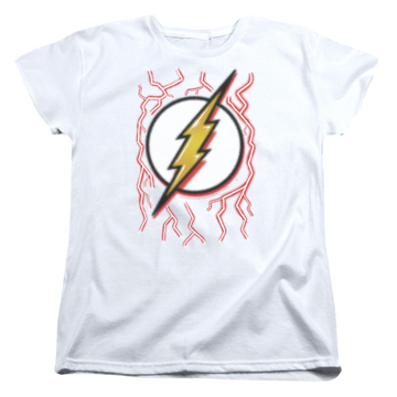 White women's t-shirt with The Flash Airbrush Bolt graphic