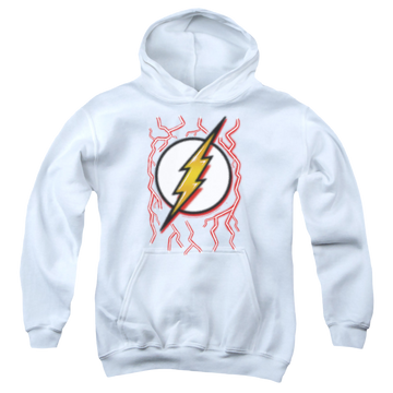 White youth hoodie for ages 8 to 12 with The Flash Airbrush Bolt graphic