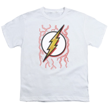 White youth t-shirt for ages 8 to 12 with The Flash Airbrush Bolt graphic