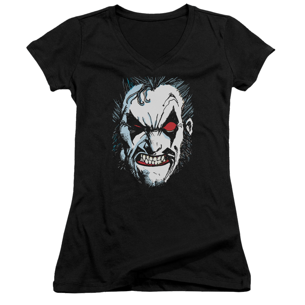 Justice League In Lo Face Juniors V-Neck T-Shirt Juniors V-Neck T-Shirt Lobo   