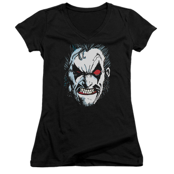 Black juniors v-neck t-shirt with Lobo Justice League In Lo Face graphic