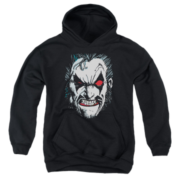 Black youth hoodie for ages 8 to 12 with Lobo In Lo Face graphic