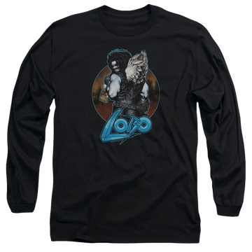 Black men's long sleeve t-shirt with Lobo Justice League Gut Rot graphic