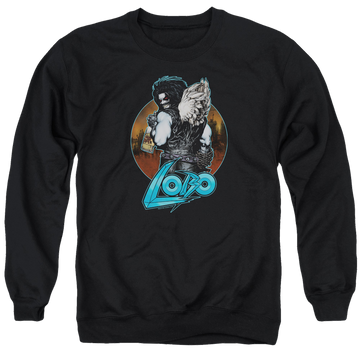 Black men's crewneck sweatshirt with Lobo Justice League Gut Rot graphic