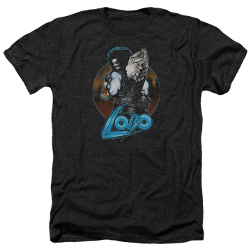 Charcoal men's heather t-shirt with Lobo Justice League Gut Rot graphic