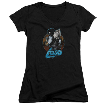 Black juniors v-neck t-shirt with Lobo Justice League Gut Rot graphic