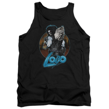 Black men's tank with Lobo Justice League Gut Rot graphic