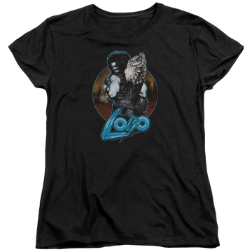 Black women's t-shirt with Lobo Justice League Gut Rot graphic