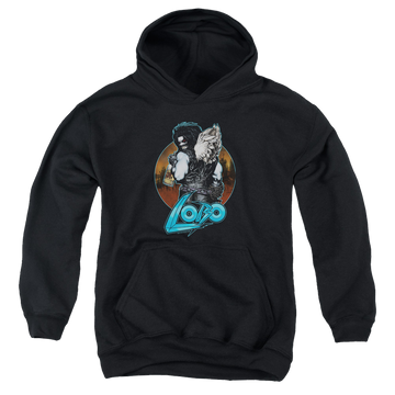 Black youth hoodie for ages 8 to 12 with Lobo Gut Rot graphic