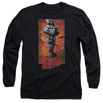 Black men's long sleeve t-shirt with Justice League Lobo Pose graphic