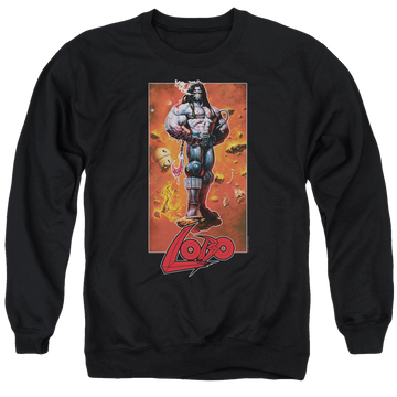 Black men's crewneck sweatshirt with Justice League Lobo Pose graphic