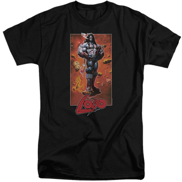 Black men's tall fit t-shirt with Justice League Lobo Pose graphic