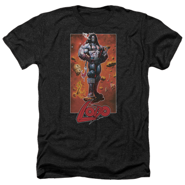 Charcoal men's heather t-shirt with Justice League Lobo Pose graphic