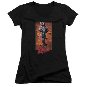 Black juniors v-neck t-shirt with Justice League Lobo Pose graphic
