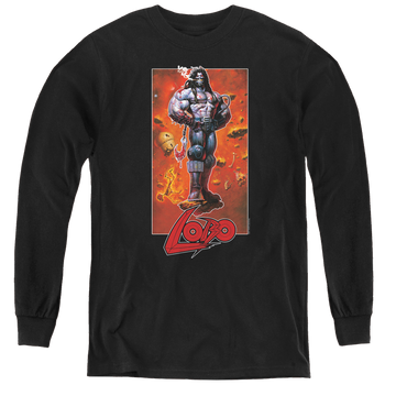 Black youth long sleeve t-shirt with Lobo Pose graphic