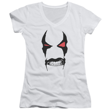 White juniors v-neck t-shirt with Justice League Lobo Face graphic