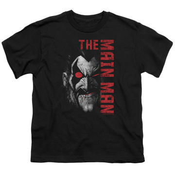 Black youth t-shirt for ages 8 to 12 with Lobo Main Man graphic