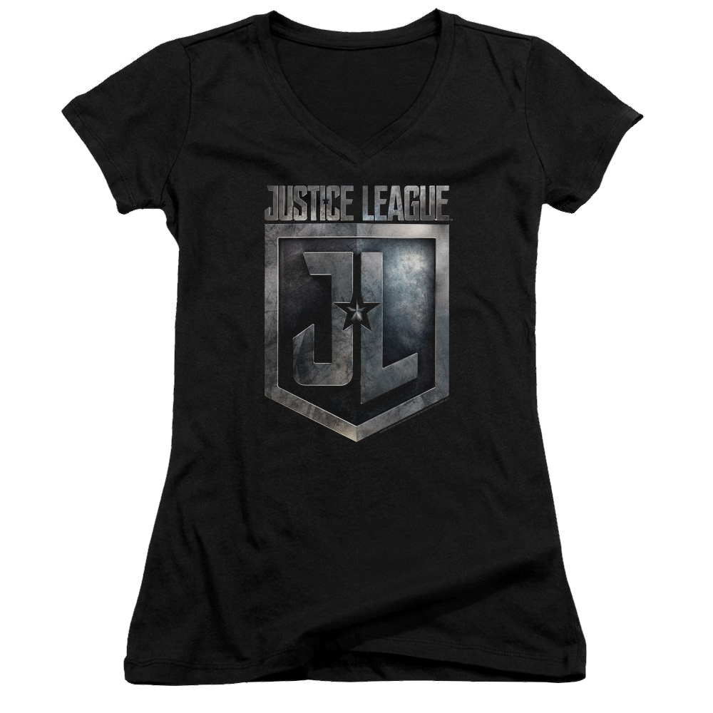Justice League Shield Logo Juniors V-Neck T-Shirt Juniors V-Neck T-Shirt Justice League   