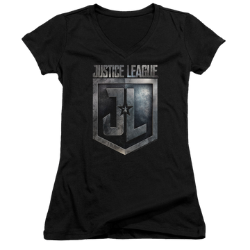 Black juniors v-neck t-shirt with Justice League Shield Logo graphic