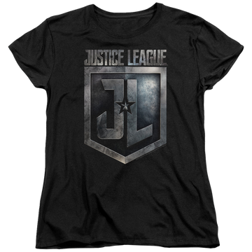 Black women's t-shirt with Justice League Shield Logo graphic