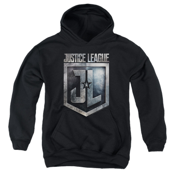 Black youth hoodie for ages 8 to 12 with Justice League Movie Shield Logo graphic