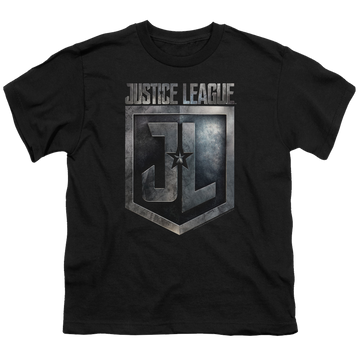 Black youth t-shirt for ages 8 to 12 with Justice League Movie Shield Logo graphic