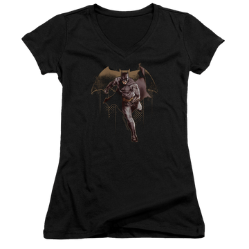 Black juniors v-neck t-shirt with Justice League Caped Crusader graphic