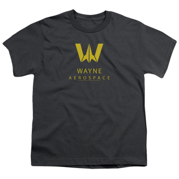 Charcoal youth t-shirt for ages 8 to 12 with Justice League Movie Wayne Aerospace graphic