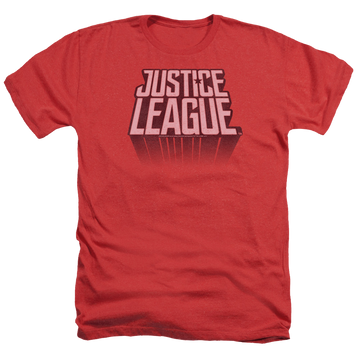 Red men's heather t-shirt with Justice League League Distressed graphic