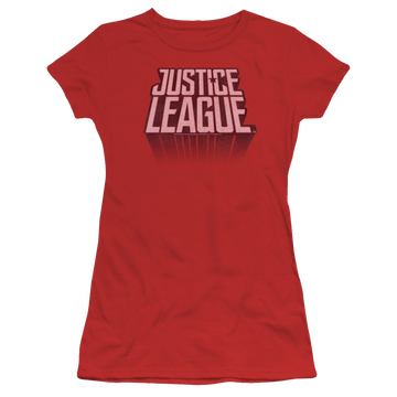 Red juniors t-shirt with Justice League League Distressed graphic
