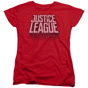 Red women's t-shirt with Justice League League Distressed graphic