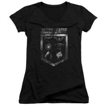Black juniors v-neck t-shirt with Justice League Shield Of Emblems graphic