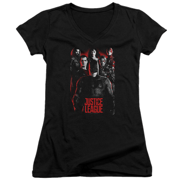 Black juniors v-neck t-shirt with Justice League The League graphic