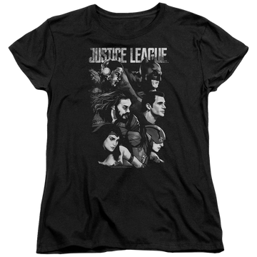 Black women's t-shirt with Justice League Pushing Forward graphic