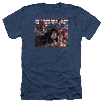 Navy men's heather t-shirt with Justice League Rally graphic