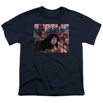 Navy youth t-shirt for ages 8 to 12 with Justice League Movie Rally graphic