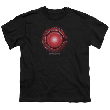 Black youth t-shirt for ages 8 to 12 with Justice League Movie Cyborg Logo graphic
