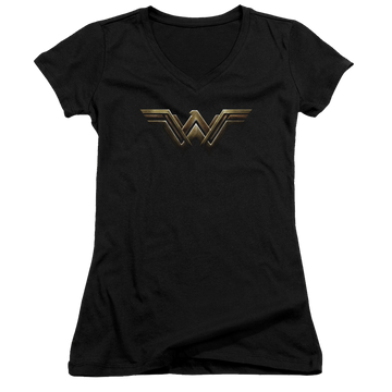 Black juniors v-neck t-shirt with Justice League Wonder Woman Logo graphic
